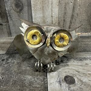 Brutalist Owl Sculpture Metal Steam Punk Decor 4"